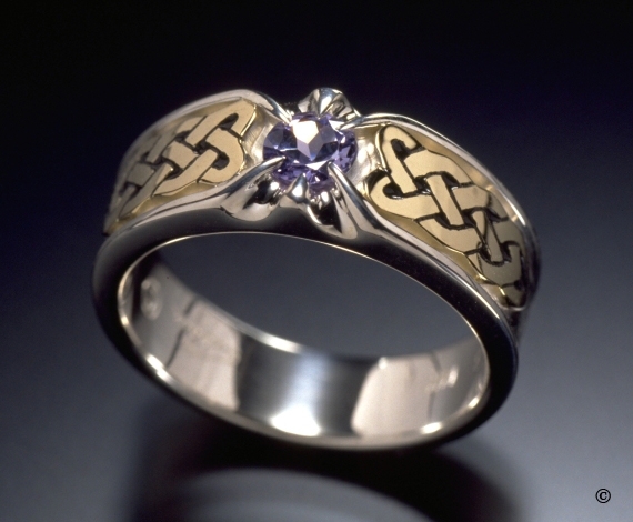 Sterling Silver and Yellow Gold Celtic Heart Shield Ring, flush set with a .33ct purple Sapphire